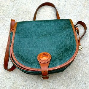 Dooney & Bourke Leather Forest Green Cross Body Bag / Purse With Brown Trim
